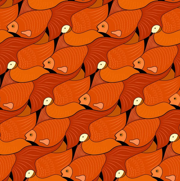 Seamless pattern with gold fish and Ruddy shelduck in Esher style, tessellation. Vector Graphics