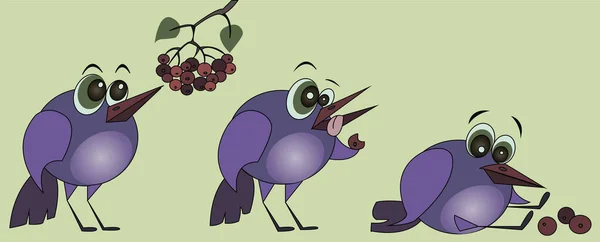 The bird eats berries. Cartoon illustration