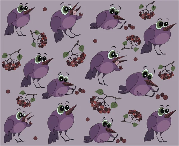 The bird eats berries. Funny cartoon illustrations. Pattern
