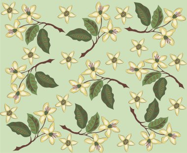 Mavi bir arka plan üzerinde parlak beyaz çiçekler. Desen