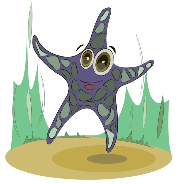 Purple starfish on the seabed. Funny cartoon character.
