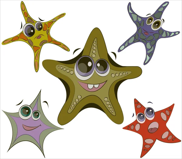 Starfish on a white background. Funny cartoon characters. Emotions.