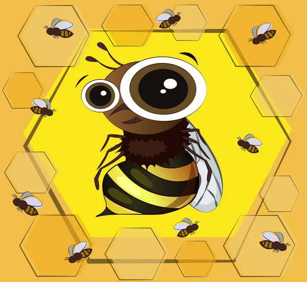 可爱的卡通蜜蜂在黄色的背景 向量字符 — 图库照片