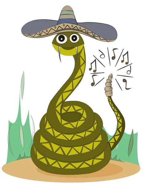 ソンブレロの緑ガラガラヘビは砂の上に座っています かわいい漫画のキャラクター — ストック写真
