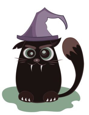 Bir cadının şapkalı sevimli siyah kedi. Komik çizgi film karakteri. Cadılar Bayramı.