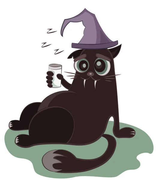 Cute black cat drinking milk. Funny cartoon character. Halloween cat.