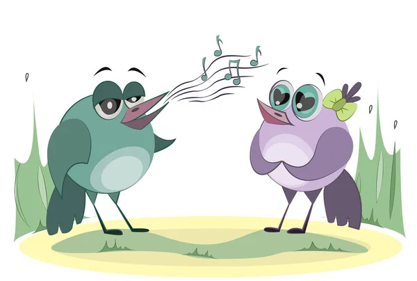 Bird sings songs to her friend. Love and feelings. Cute cartoon