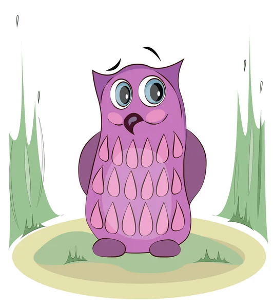 Pink cartoon owl sitting on the ground. Funny vector character