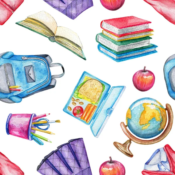 Seamless pattern with lunch box, apple, school uniform, globe, schoolbag, stationery and books on white background. Watercolor hand drawn illustration