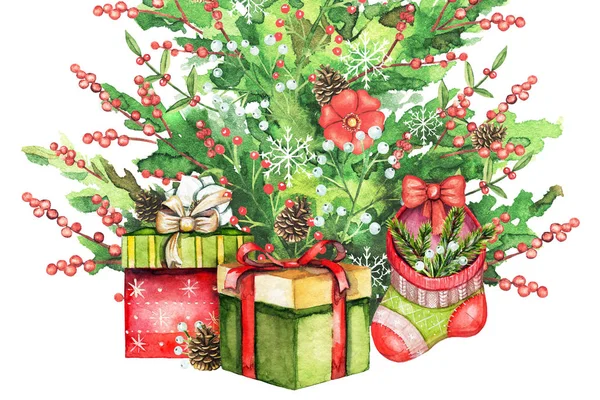 Christmas composition with sock for presents, gift boxes and Christmas tree isolated on white background. Watercolor hand drawn illustration
