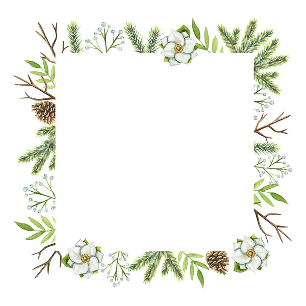 Square frame with Christmas branches, berries, cones, flowers and twigs isolated on white background. Watercolor hand drawn illustration