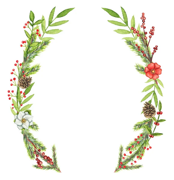 Borders oval frame with Christmas branches, berries, cones, flowers and twigs isolated on white background. Watercolor hand drawn illustration