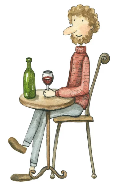 The man with a beard sits at the table and drinks red wine in a cafe isolated on white background. Watercolor hand drawn illustration
