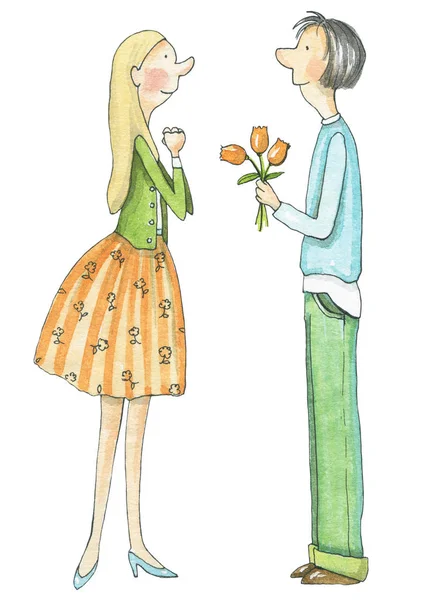 Guy gives girl bouquet of flowers on the first date isolated on white background. Watercolor hand drawn illustration