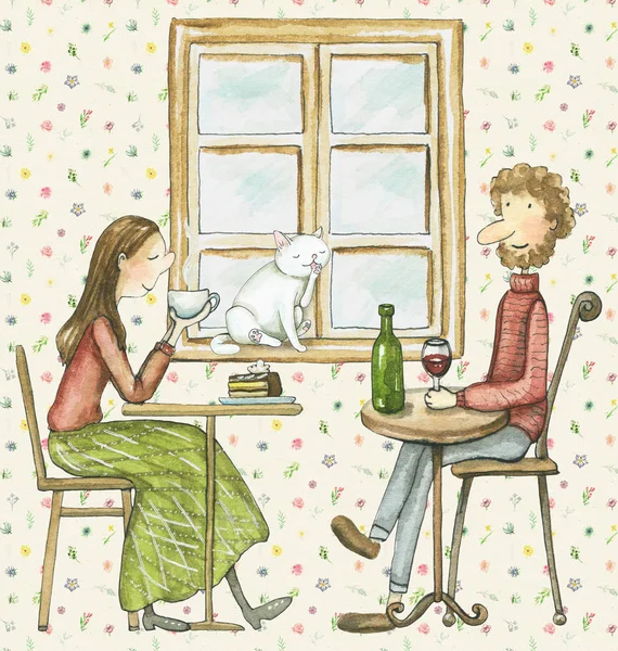 Composition with guy, girl and cat who are in a cafe. People eat and drink. Watercolor hand drawn illustration