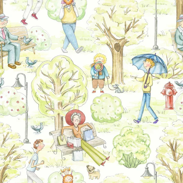 Seamless pattern with cartoon people in park. Watercolor hand drawn illustration