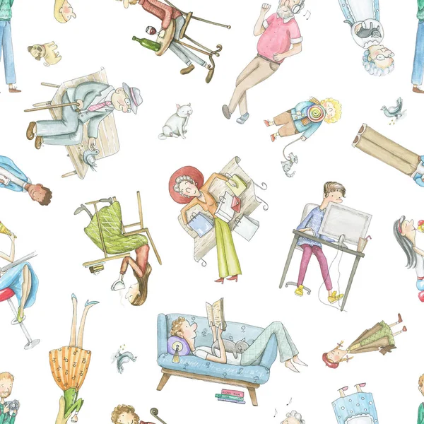 Seamless pattern with cartoon people with various occupations isolated on white background. Watercolor hand drawn illustration