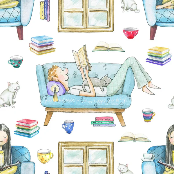 Seamless pattern with cartoon people reading books, cats, mugs and window frame isolated on white background. Watercolor hand drawn illustration