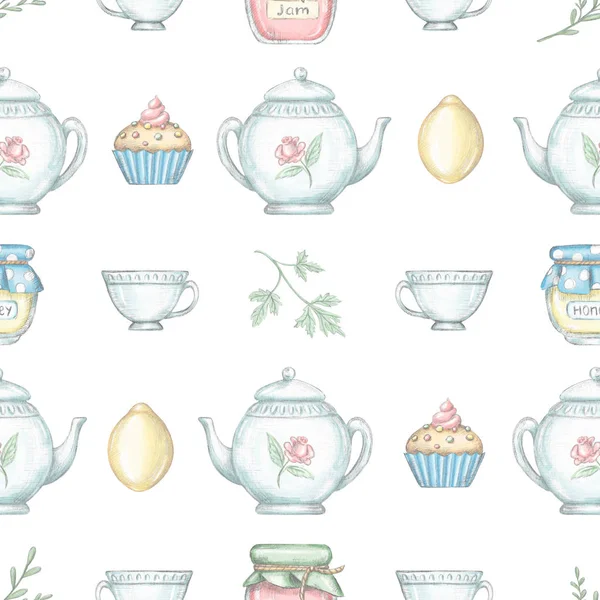 Seamless pattern with tea cup, teapot, jam, honey, herbs, lemon and cupcake isolated on white background. Lead pencil graphic and digital illustration