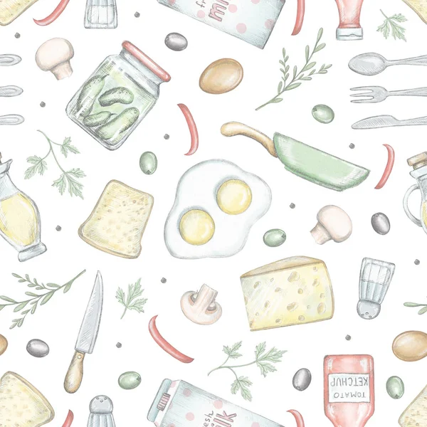 Seamless pattern with various grocery products isolated on white background. Lead pencil graphic and digital illustration