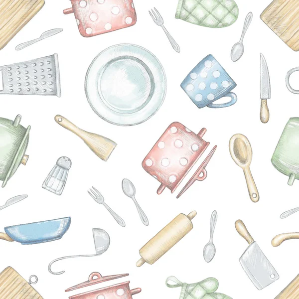 Seamless pattern with various kitchenware and tableware isolated on white background. Lead pencil graphic and digital illustration