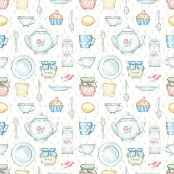 Seamless pattern with tea cup, teapot, jam, honey, milk, candy, spoon, toast, plate, lemon and cupcake isolated on white background. Lead pencil graphic and digital illustration