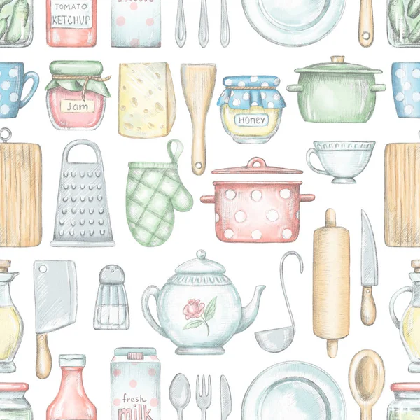 Seamless pattern with various kitchenware, grocery products and tableware isolated on white background. Lead pencil graphic and digital illustration