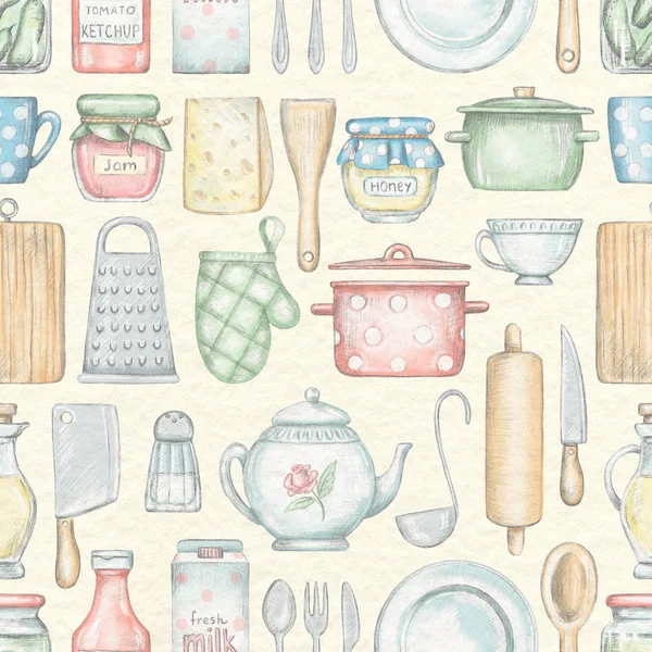 Seamless pattern with various kitchenware, grocery products and tableware isolated on beige paper texture background. Lead pencil graphic and digital illustration