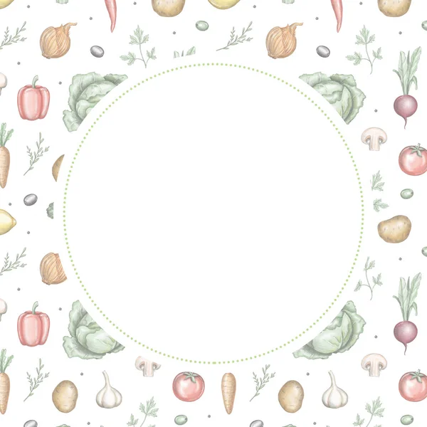 Round frame with various fresh vegetables. Lead pencil graphic and digital illustration