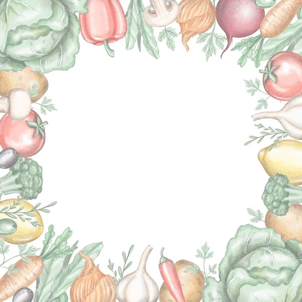 Quadratic frame with various fresh vegetables on white background. Lead pencil graphic and digital illustration