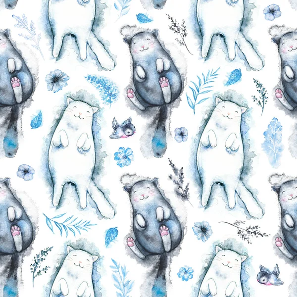 Seamless pattern with black and white cats, twigs, flowers and birds isolated on white background. Watercolor hand drawn illustration