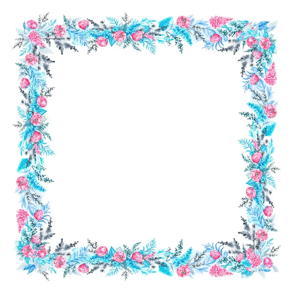 Floral square frame in blue, pink and black colors isolated on white background. Watercolor hand drawn illustration