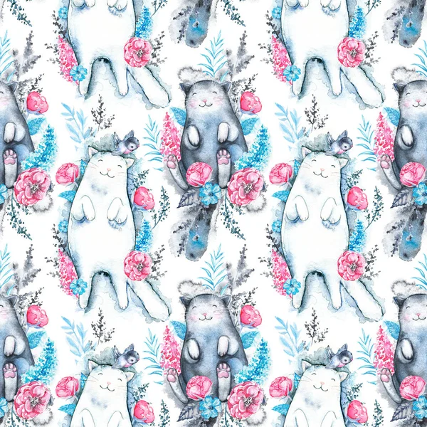 Seamless pattern with blue twigs, rose flowers, black and white cats isolated on white background. Watercolor hand drawn illustration