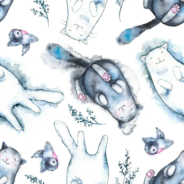 Watercolor seamless pattern with cats and twigs