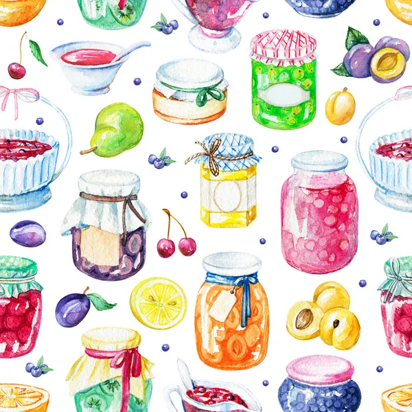 Watercolor seamless pattern with jams and fruits