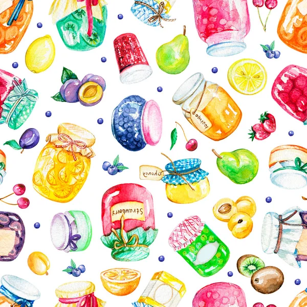 Watercolor seamless pattern with jams and fruits