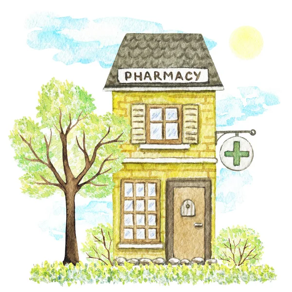 Watercolor yellow cartoon pharmacy building surrounded landscape