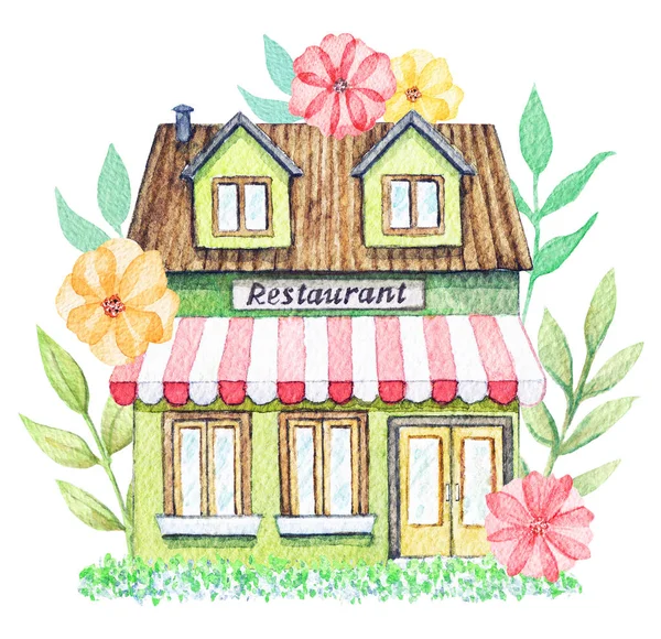 Watercolor green cartoon restaurant building