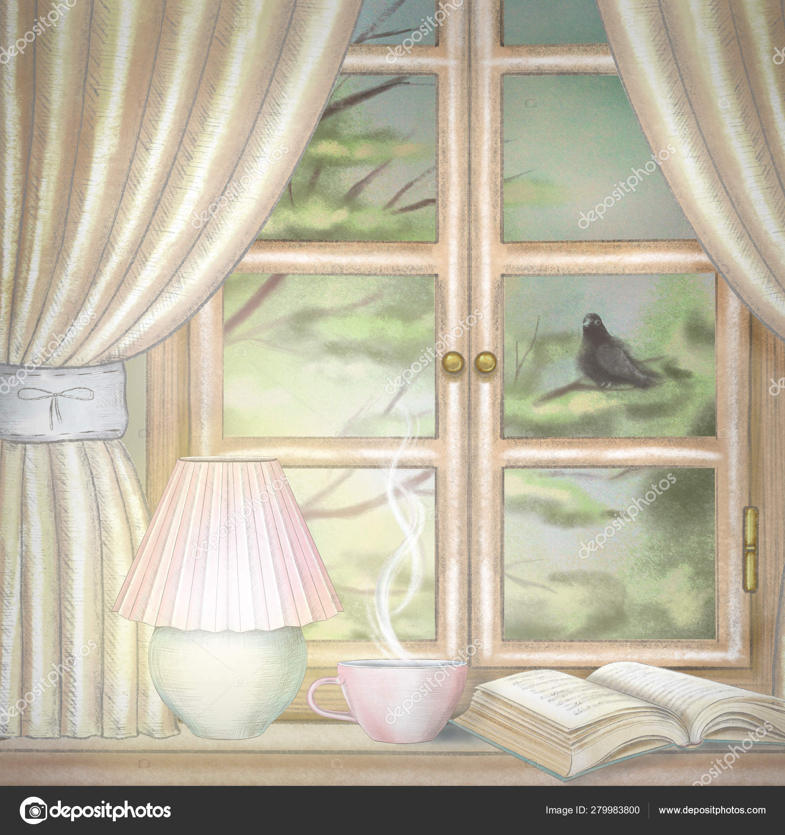 Composition Glowing Desk Lamp Book Hot Drink Sill Window Yellow