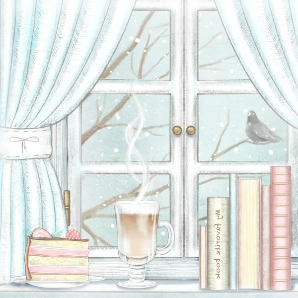 Composition with coffee, piece of cake and books on the sill of the window with blue curtains and winter landscape. Watercolor and lead pencil graphic hand drawn illustration