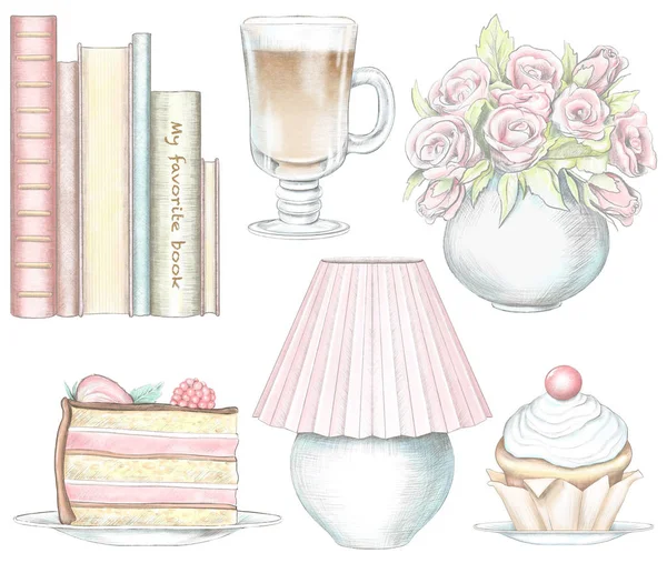 Set of cakes, lamp, books, vase with flowers and glass of coffee isolated on white background. Watercolor and lead pencil graphic hand drawn illustration