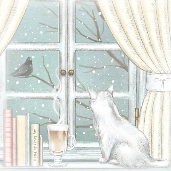 Composition with cat, coffee, and books on the sill of the window with yellow curtains and winter landscape. Watercolor and lead pencil graphic hand drawn illustration