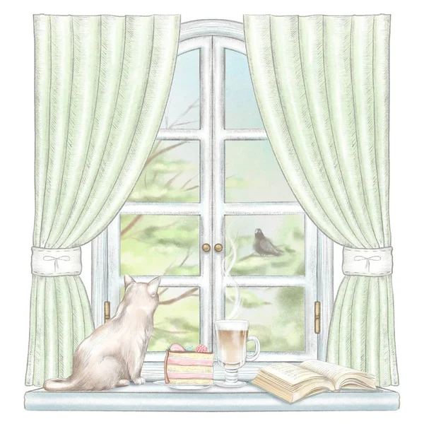 Composition with coffee, cake, book and cat sitting on the sill of the window with green curtains and summer landscape isolated on white background. Watercolor and lead pencil graphic hand drawn illustration