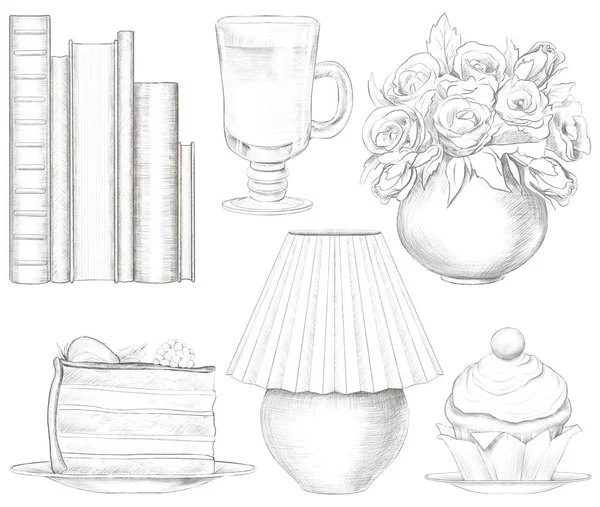 Set of cakes, lamp, books, vase with flowers and glass of coffee isolated on white background. Lead pencil graphic hand drawn illustration