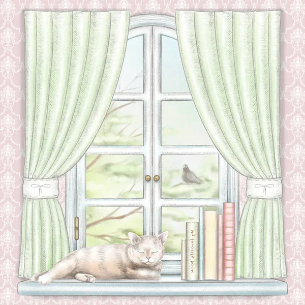 Composition with books and cat sleeping on the sill of the window with green curtains and  summer landscape on pink wallpaper. Watercolor and lead pencil graphic hand drawn illustration