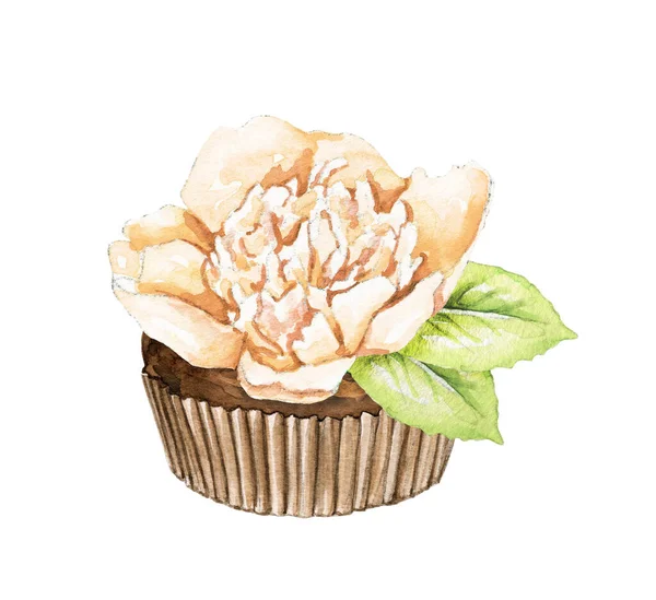 Muffin with beige peony flower isolated on white background. Watercolor hand drawn illustration