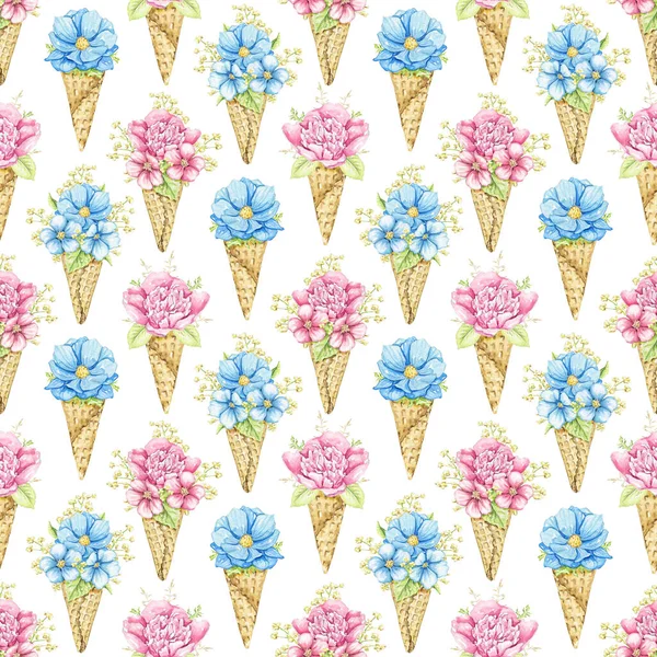 Seamless pattern with bouquets with pink and blue flowers in waffle cones isolated on white background. Watercolor hand drawn illustration