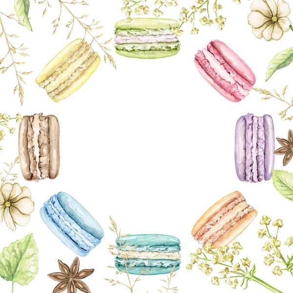 Border frame with flowers, leaves, multicolor various color macaroon on white background. Watercolor hand drawn illustration