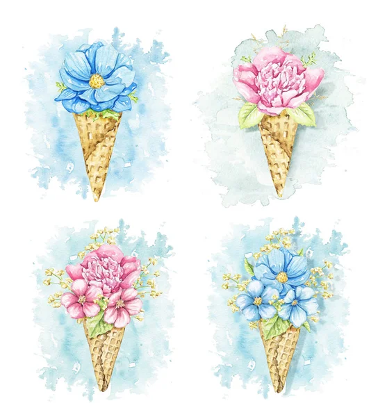 Set with bouquets with pink and blue flowers in waffle cones isolated on blue spot background. Watercolor hand drawn illustration