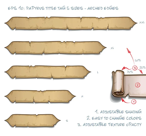 Illustrazione Vettoriale Etichetta Papiro Con Bordi Arcuati Set Cinque Taglie — Vettoriale Stock